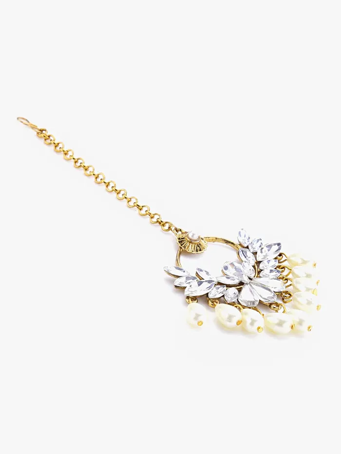 Yellow Chimes Ethnic Gold Plated Traditional Studded White Kundan Pearl Maangtikka for Women and Girls Design 1 Yellow Chimes Necklaces