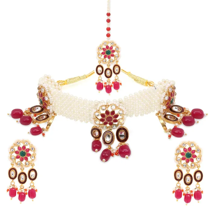 Yellow Chimes Ethnic Handcrafted Moti Pink Jewellery Set Gold Plated Traditional Floral Choker Necklace Set With Maang Tikka for women Girls Pink Yellow Chimes Rings Yellow Chimes Ethnic Handcrafted Moti Pink Jewellery Set Gold Plated Traditional Floral Choker Necklace Set With Maang Tikka for women Girls Pink Yellow Chimes Rings