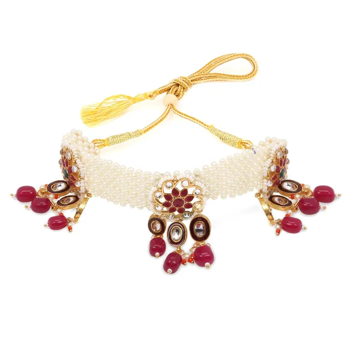 Yellow Chimes Ethnic Handcrafted Moti Pink Jewellery Set Gold Plated Traditional Floral Choker Necklace Set With Maang Tikka for women Girls Pink Yellow Chimes Rings