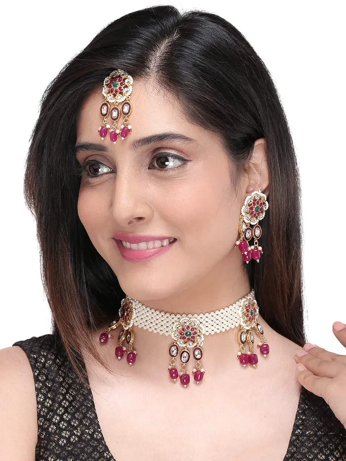 Yellow Chimes Ethnic Handcrafted Moti Pink Jewellery Set Gold Plated Traditional Floral Choker Necklace Set With Maang Tikka for women Girls Pink Yellow Chimes Rings