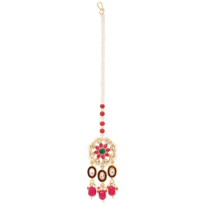 Yellow Chimes Ethnic Handcrafted Moti Pink Jewellery Set Gold Plated Traditional Floral Choker Necklace Set With Maang Tikka for women Girls Pink Yellow Chimes Rings