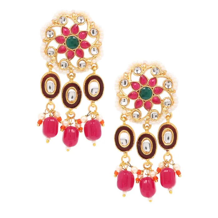 Yellow Chimes Ethnic Handcrafted Moti Pink Jewellery Set Gold Plated Traditional Floral Choker Necklace Set With Maang Tikka for women Girls Pink Yellow Chimes Rings