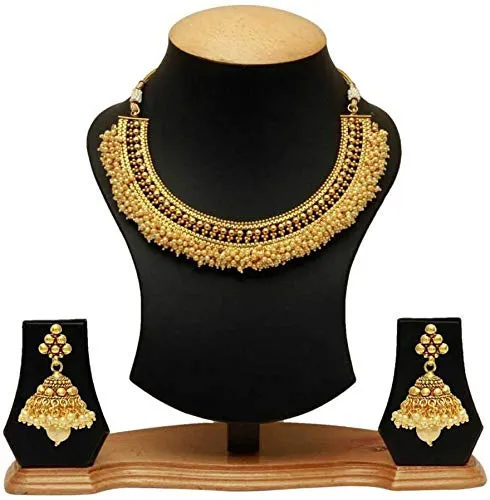 Yellow Chimes Exclusive Gold Plated Studded Pearl Antique Look Ethnic Traditional Choker Necklace Set with JhumkiJhumka Earrings Jewellery Set for Women and Girls Yellow Chimes Earrings