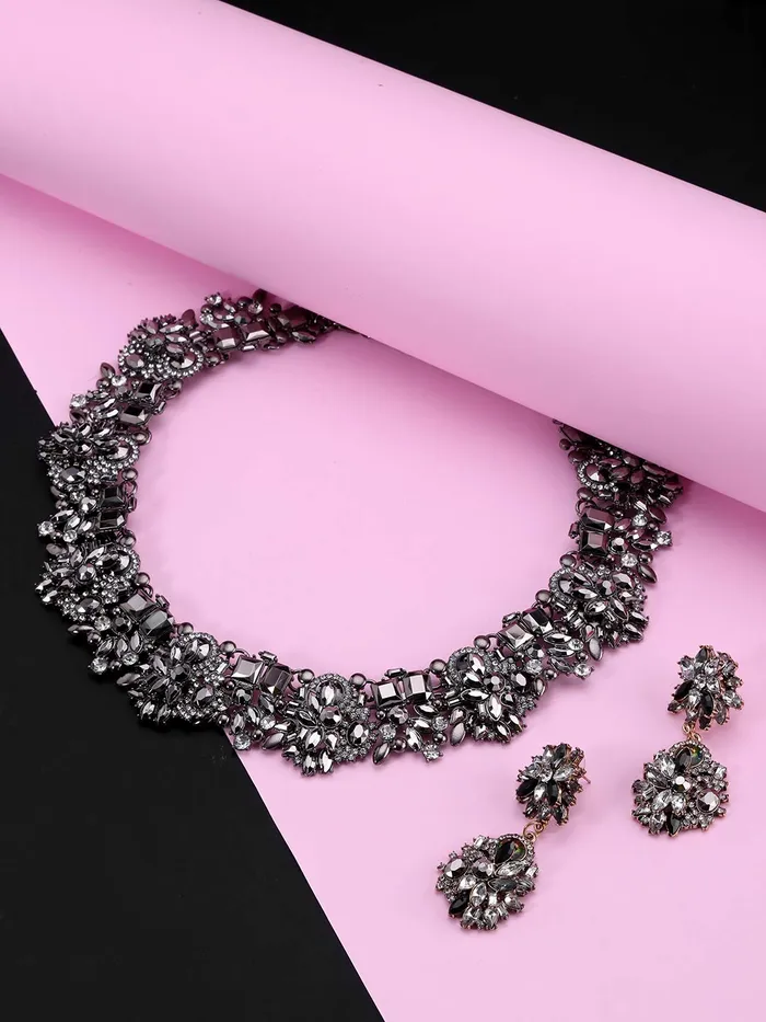 Yellow Chimes Exclusive Sparkling Black Crystals Studded Designer Choker Necklace Set with Earrings for Women and Girls Black Yellow Chimes Earrings