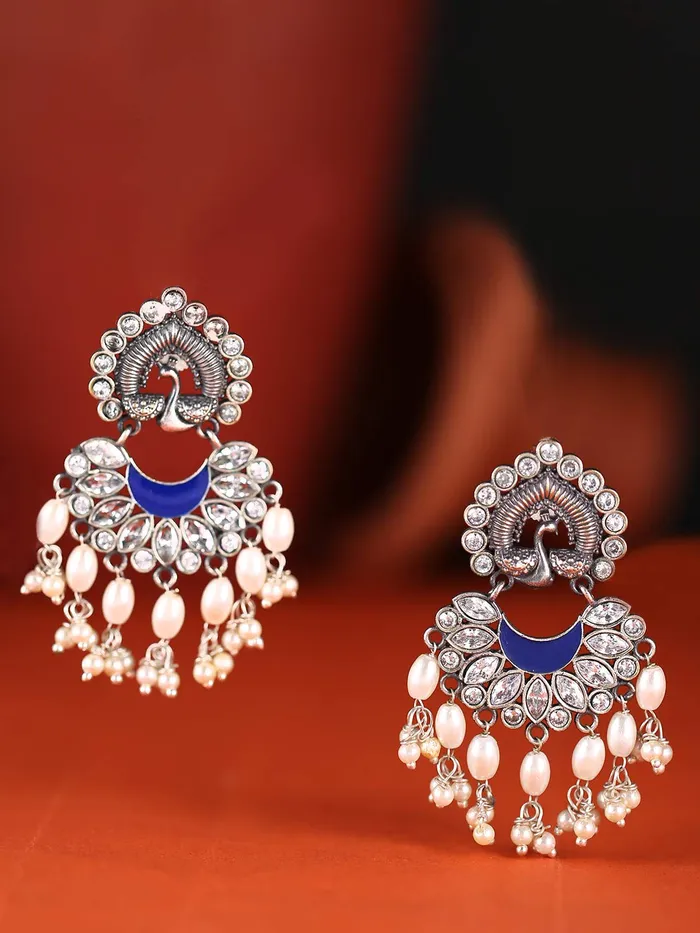 Yellow Chimes German Silver Oxidized Peacock Design Pearl Drop Earring for Women and Girls Yellow Chimes Earrings