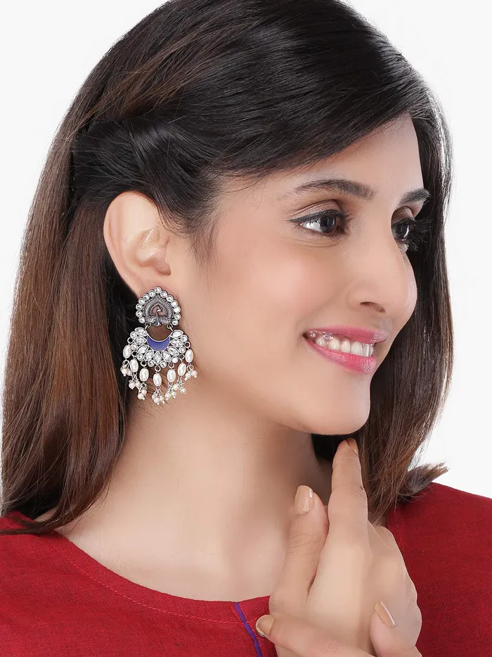 Yellow Chimes German Silver Oxidized Peacock Design Pearl Drop Earring for Women and Girls Yellow Chimes Earrings