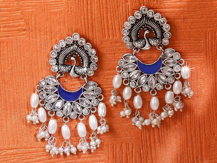 Yellow Chimes German Silver Oxidized Peacock Design Pearl Drop Earring for Women and Girls Yellow Chimes Earrings