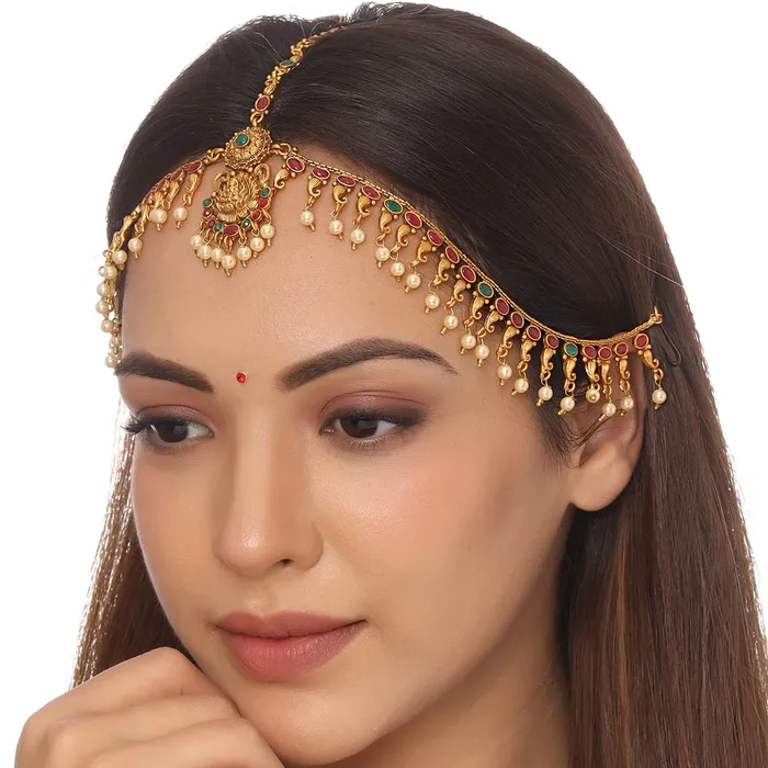Yellow Chimes Head Chain For Women Gold Toned Multicolor Temple Bridal Traditional Mathapatti For Women and Girls Yellow Chimes Necklaces