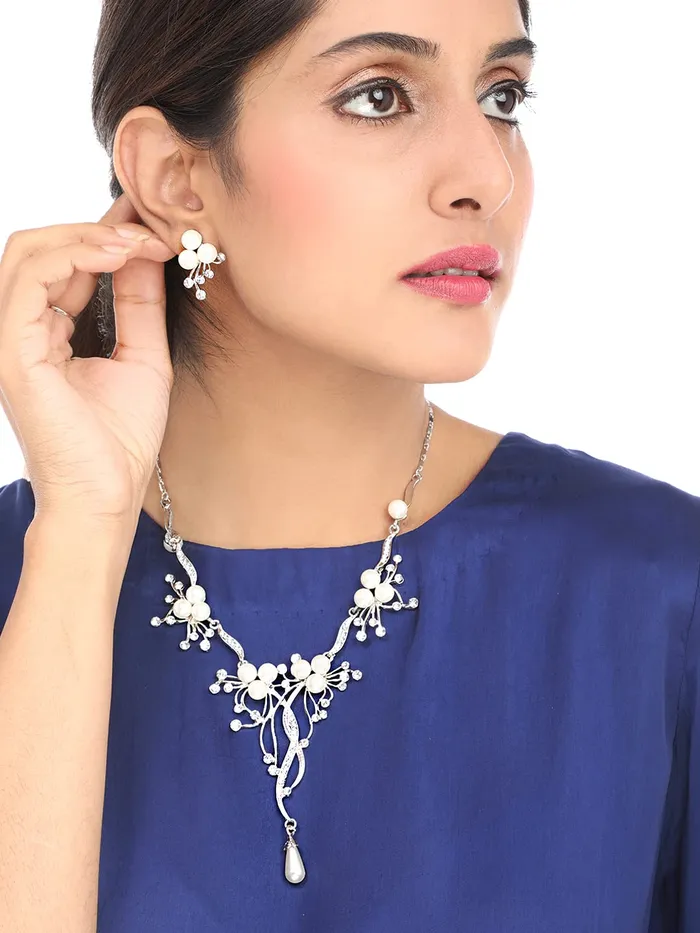 Yellow Chimes Jewellery Set for Women and Girls Fashion White Pearl Necklace Set for Women Silver Toned CZ Pearl Necklace Set Birthday Gift for girls and women Anniversary Gift for Wife Yellow Chimes Earrings