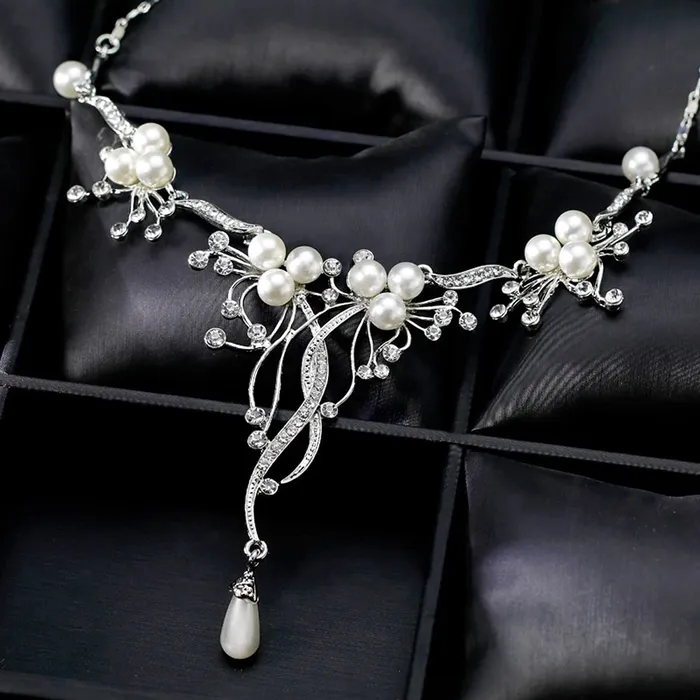Yellow Chimes Jewellery Set for Women and Girls Fashion White Pearl Necklace Set for Women Silver Toned CZ Pearl Necklace Set Birthday Gift for girls and women Anniversary Gift for Wife Yellow Chimes Earrings