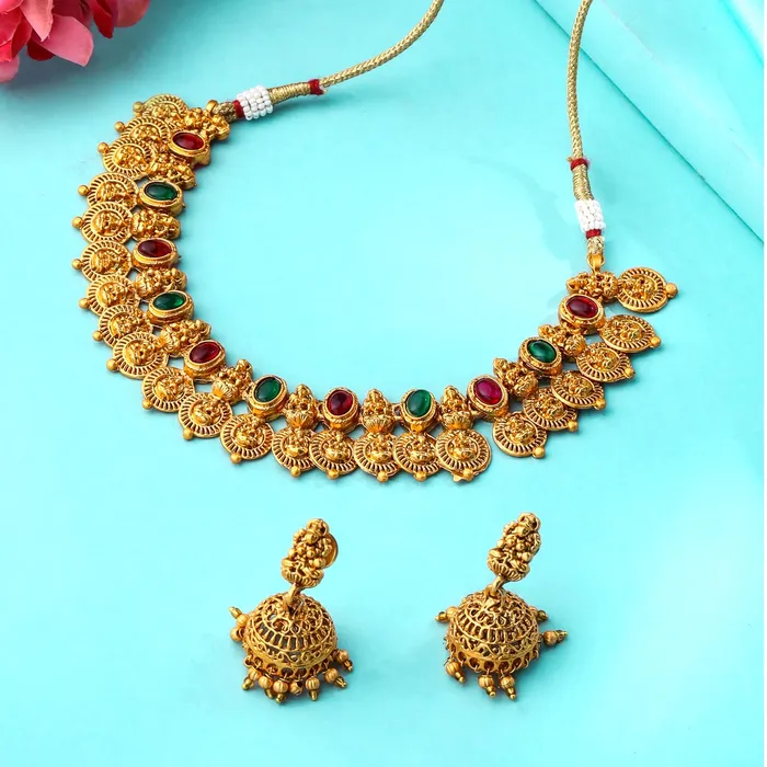Yellow Chimes Jewellery Set for Women and Girls Temple Jewellery Set for Women Gold Plated Coin Designed Choker Necklace Set Birthday Gift for girls and women Anniversary Gift for Wife Yellow Chimes Earrings