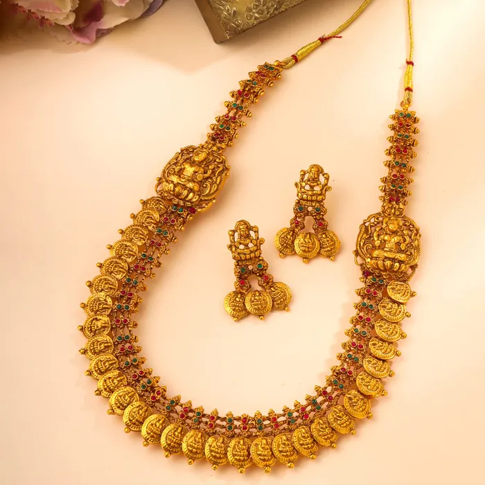 Yellow Chimes Jewellery Set for Women and Girls Temple Jewellery Set Gold Plated Coin Designed Temple Jewellery Set Birthday Gift for girls and women Anniversary Gift for Wife Yellow Chimes Earrings