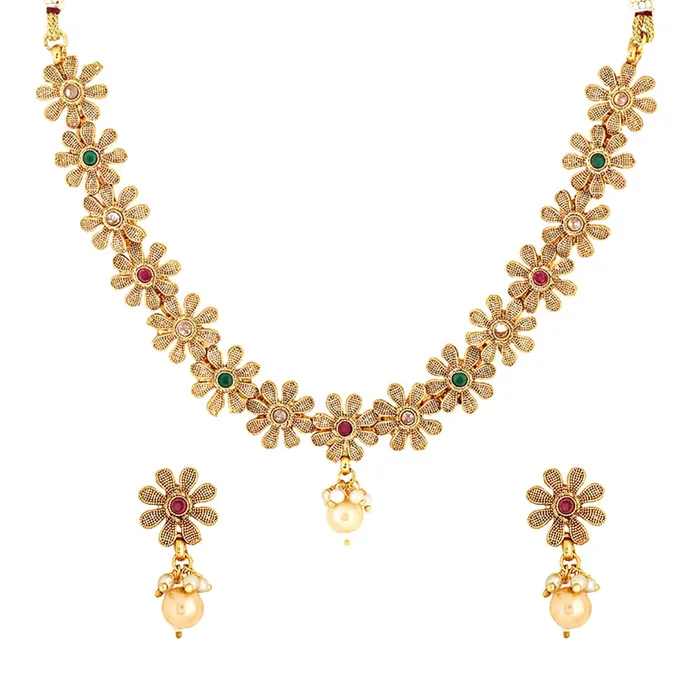 Yellow Chimes Jewellery Set for Women Gold Toned Floral Designed Crystal Studded Choker Necklace Set with Earrings for Women and Girls Yellow Chimes Rings Yellow Chimes Jewellery Set for Women Gold Toned Floral Designed Crystal Studded Choker Necklace Set with Earrings for Women and Girls Yellow Chimes Rings