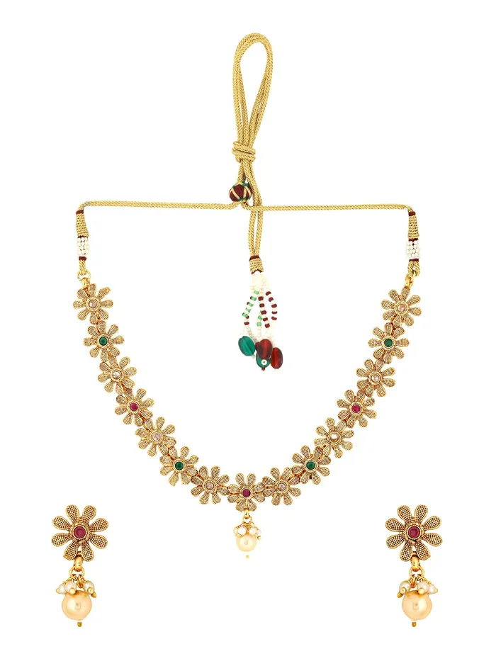 Yellow Chimes Jewellery Set for Women Gold Toned Floral Designed Crystal Studded Choker Necklace Set with Earrings for Women and Girls Yellow Chimes Rings