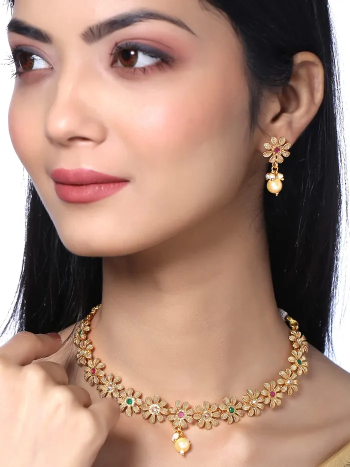 Yellow Chimes Jewellery Set for Women Gold Toned Floral Designed Crystal Studded Choker Necklace Set with Earrings for Women and Girls Yellow Chimes Rings