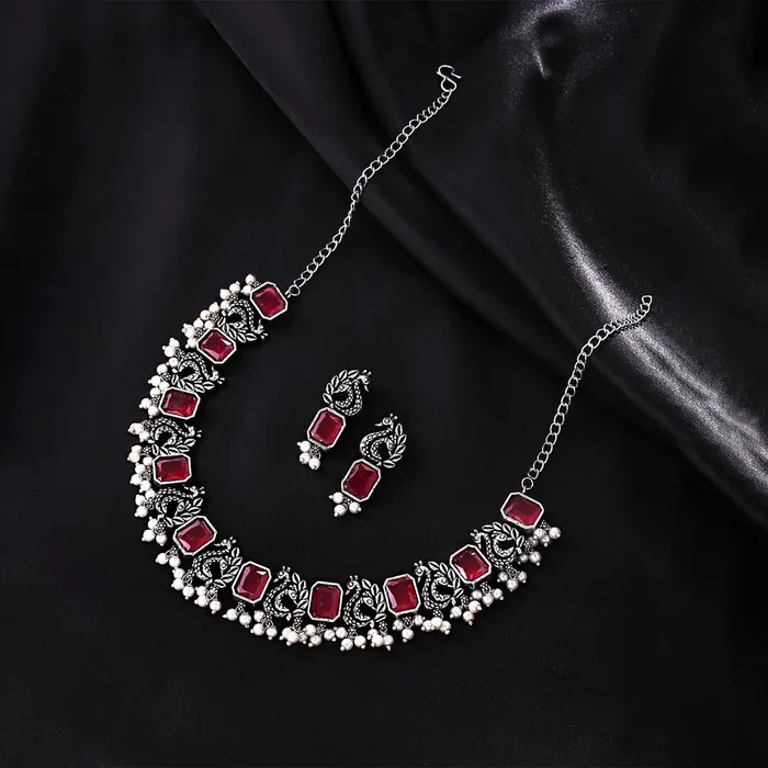 Yellow Chimes Jewellery Set for Women Silver Oxidised Pink Stone Studded Peacock Designed Beads Drop Choker Necklace Set for Women and Girls Yellow Chimes Necklaces