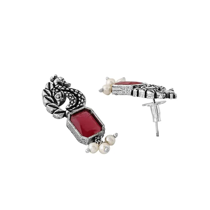 Yellow Chimes Jewellery Set for Women Silver Oxidised Pink Stone Studded Peacock Designed Beads Drop Choker Necklace Set for Women and Girls Yellow Chimes Necklaces