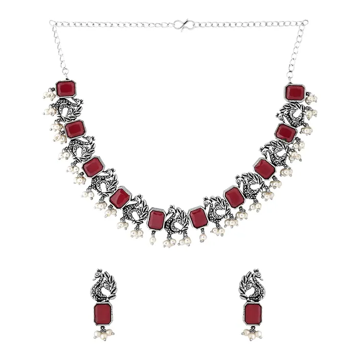 Yellow Chimes Jewellery Set for Women Silver Oxidised Pink Stone Studded Peacock Designed Beads Drop Choker Necklace Set for Women and Girls Yellow Chimes Necklaces