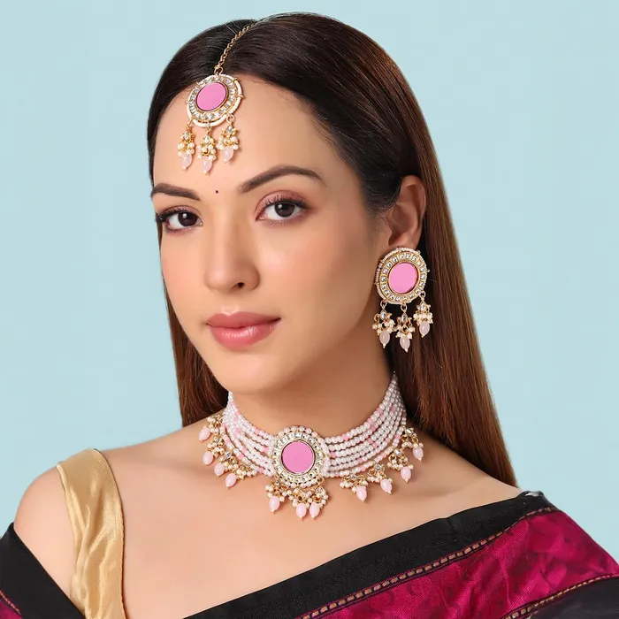 Yellow Chimes Jewellery Set for Women Traditional Pink Beads Choker Necklace Set Mirror Worked Gold Plated Choker Set for Girls Birthday Gift for Girls Women Anniversary Gift for Wife Yellow Chimes Necklaces