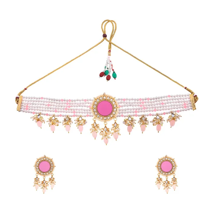 Yellow Chimes Jewellery Set for Women Traditional Pink Beads Choker Necklace Set Mirror Worked Gold Plated Choker Set for Girls Birthday Gift for Girls Women Anniversary Gift for Wife Yellow Chimes Necklaces