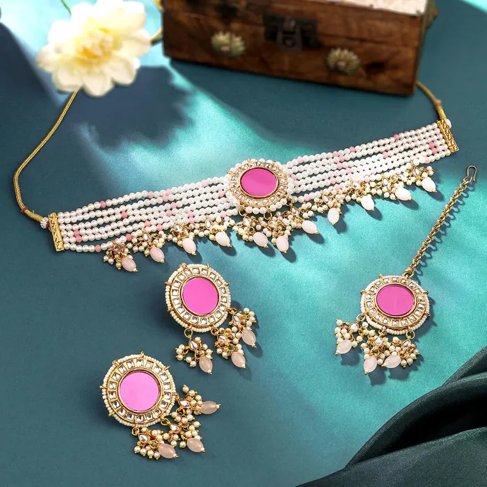 Yellow Chimes Jewellery Set for Women Traditional Pink Beads Choker Necklace Set Mirror Worked Gold Plated Choker Set for Girls Birthday Gift for Girls Women Anniversary Gift for Wife Yellow Chimes Necklaces