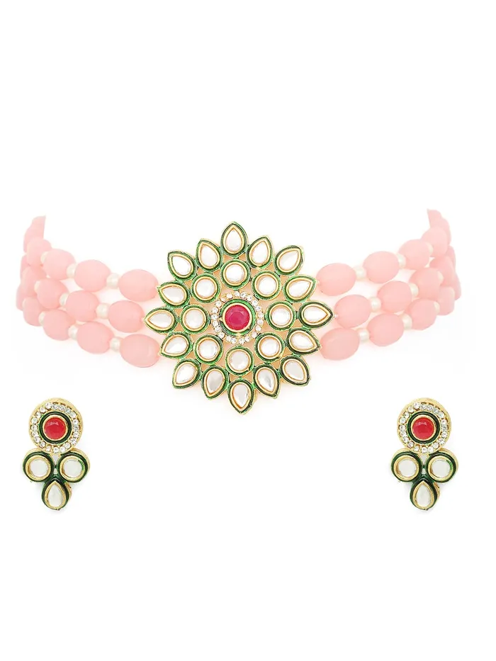 Yellow Chimes Kundan Jewellery Set for Women Pink Beads Necklace Set Gold Plated Traditional Choker Necklace Set for Women and Girls Yellow Chimes Necklaces Yellow Chimes Kundan Jewellery Set for Women Pink Beads Necklace Set Gold Plated Traditional Choker Necklace Set for Women and Girls Yellow Chimes Necklaces