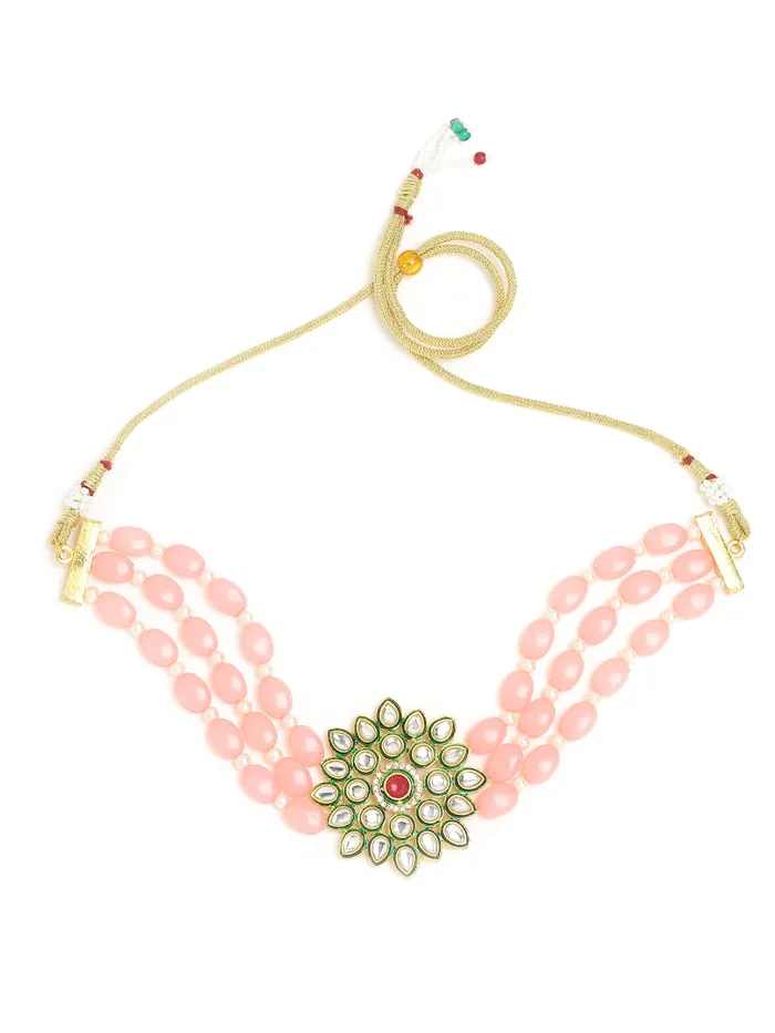 Yellow Chimes Kundan Jewellery Set for Women Pink Beads Necklace Set Gold Plated Traditional Choker Necklace Set for Women and Girls Yellow Chimes Necklaces