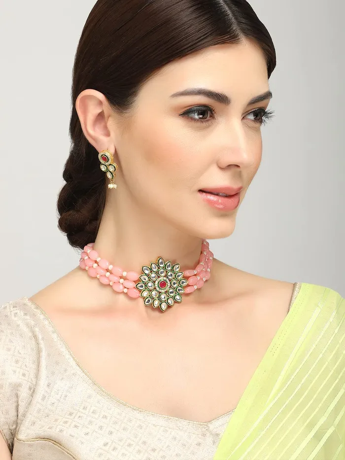 Yellow Chimes Kundan Jewellery Set for Women Pink Beads Necklace Set Gold Plated Traditional Choker Necklace Set for Women and Girls Yellow Chimes Necklaces