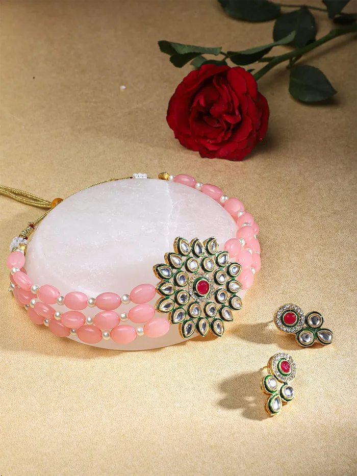 Yellow Chimes Kundan Jewellery Set for Women Pink Beads Necklace Set Gold Plated Traditional Choker Necklace Set for Women and Girls Yellow Chimes Necklaces