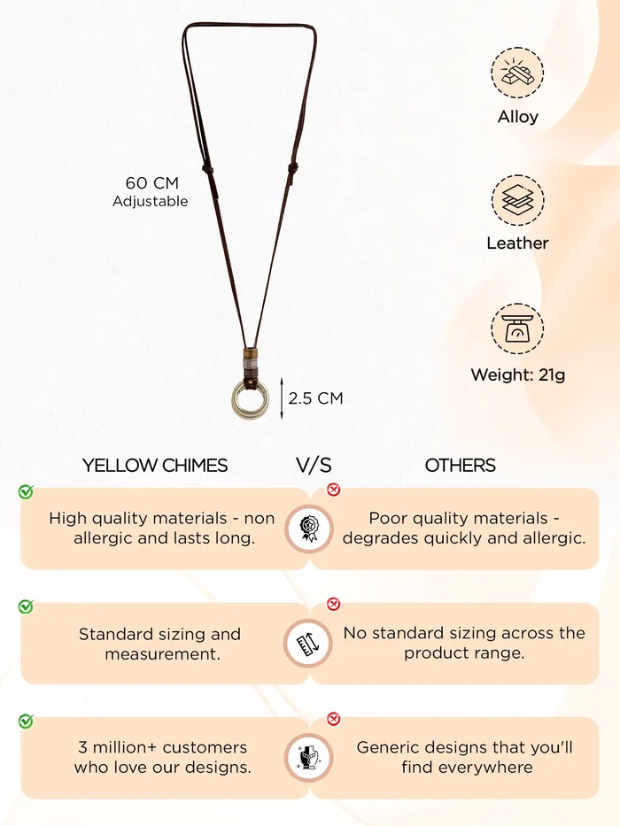 Yellow Chimes Leather Pendant for Men Fashion Locket Pendants for Men Round Shaped Pendant Necklace Brown Leather Rope Chain for Boys Accessories for Men Birthday Gift for Men Boys Yellow Chimes Rings