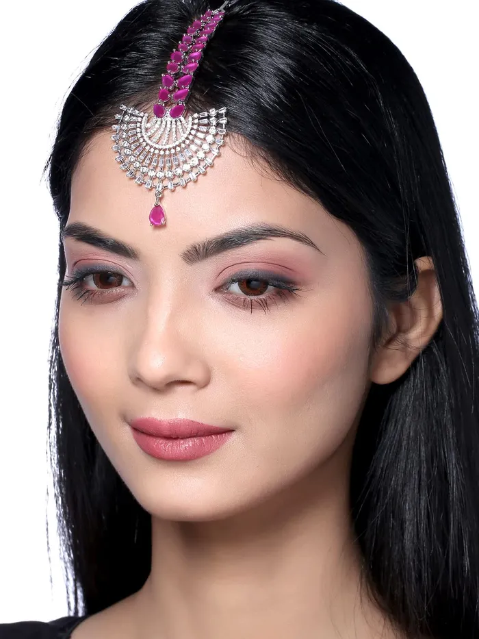 Yellow Chimes Maang Tikka for Women Beautiful ADAmerican Diamond Studded Rhodium Plated Crystal Maang Tikka for Women and Girls Design 17 Yellow Chimes Earrings