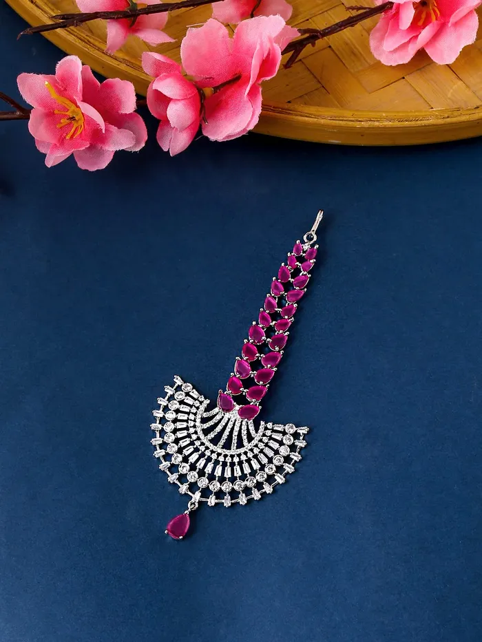 Yellow Chimes Maang Tikka for Women Beautiful ADAmerican Diamond Studded Rhodium Plated Crystal Maang Tikka for Women and Girls Design 17 Yellow Chimes Earrings