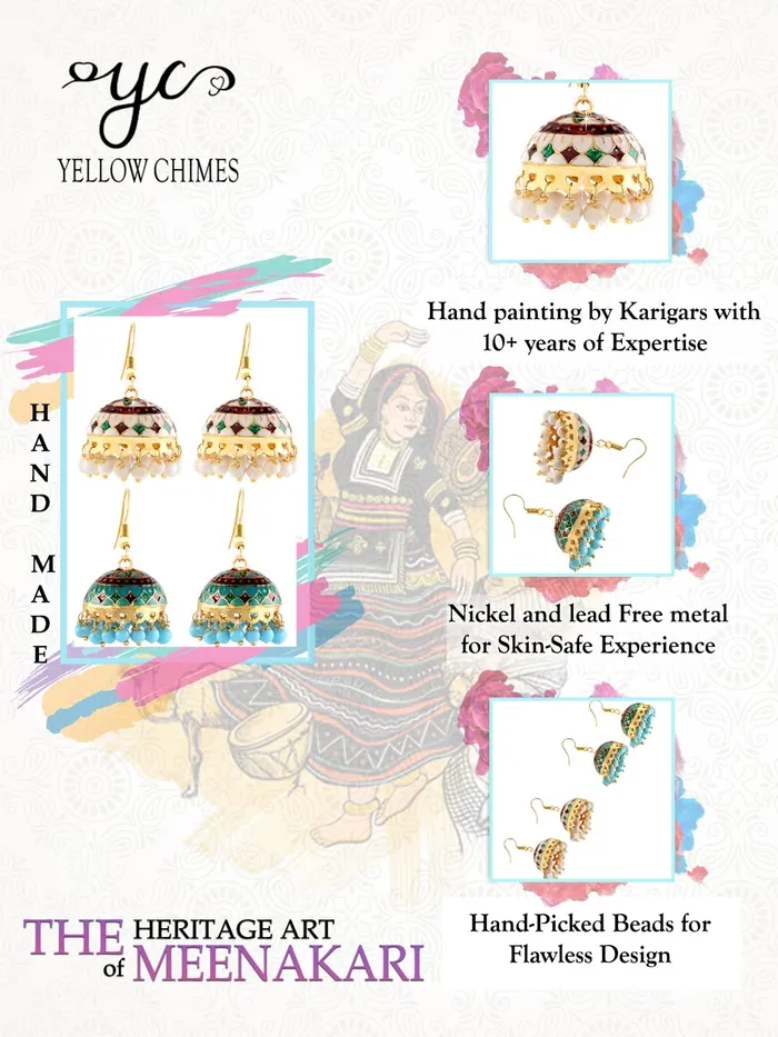 Yellow Chimes Meenakari Jumka Earrings with Ethnic Design Gold Plated Traditional Beads Combo of 2 pair for Women and Girls Yellow Chimes Rings