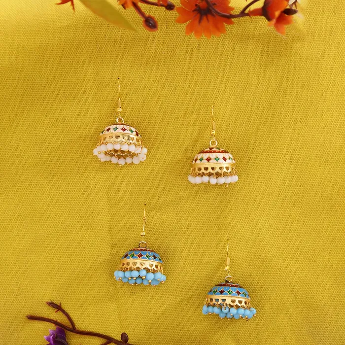 Yellow Chimes Meenakari Jumka Earrings with Ethnic Design Gold Plated Traditional Beads Combo of 2 pair for Women and Girls Yellow Chimes Rings