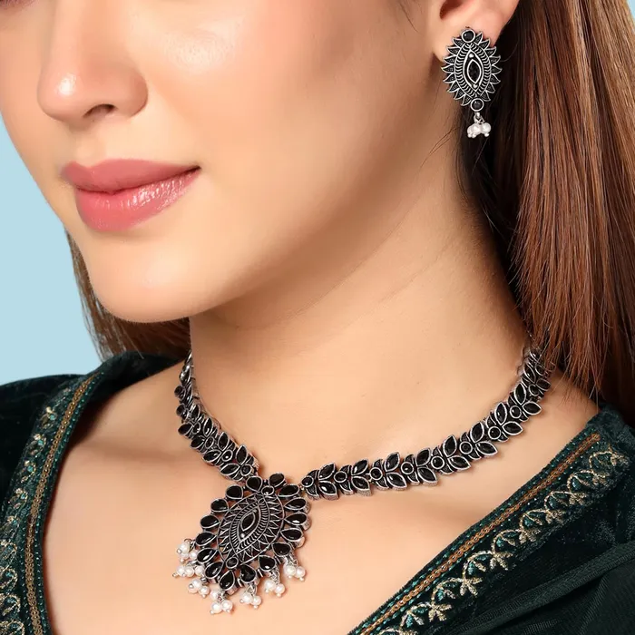 Yellow Chimes Necklace for Women and Girls Silver Oxidised Necklace for Women Stone Studded Oxidised Silver Necklace for women Birthday Gift for girls and women Anniversary Gift for Wife Yellow Chimes Rings