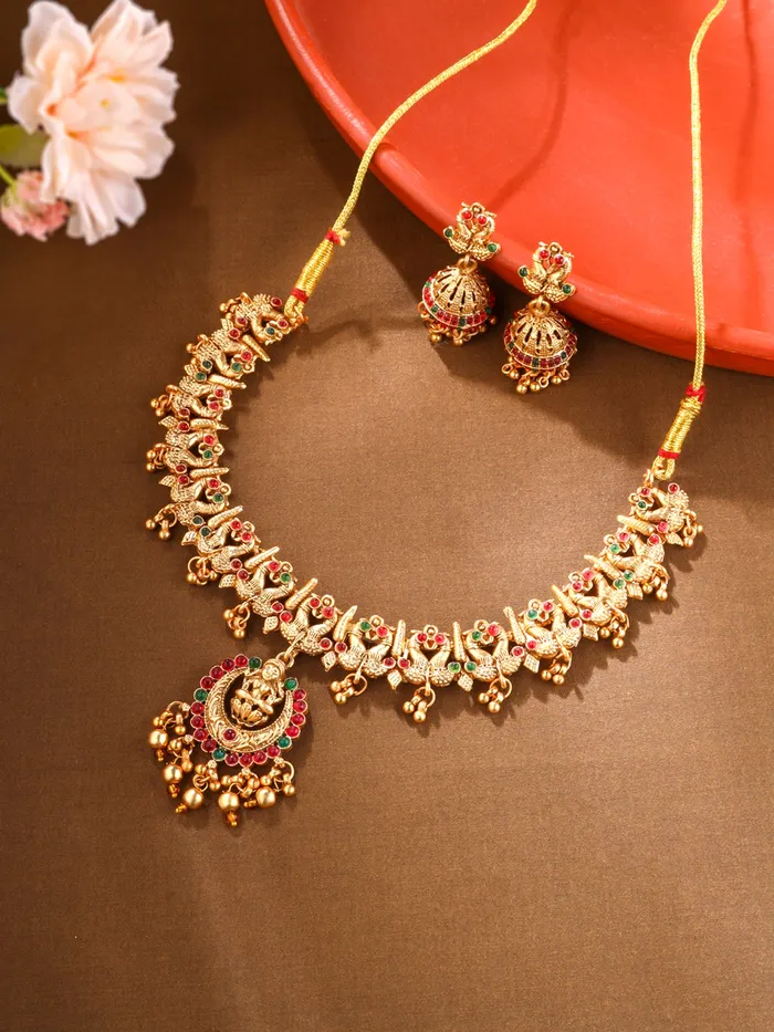 Yellow Chimes Necklaces Gold Plated Jewellery Set Ethnic Choker Necklace Earrings Traditional Design One Size Gold