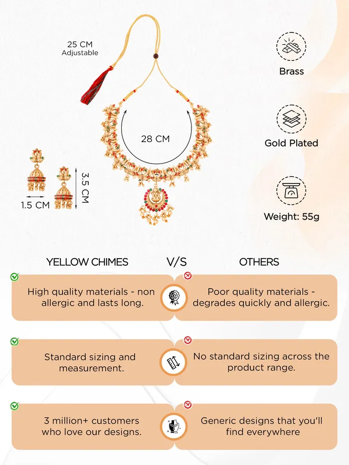Yellow Chimes Necklaces Gold Plated Jewellery Set Ethnic Choker Necklace Earrings Traditional Design One Size Gold