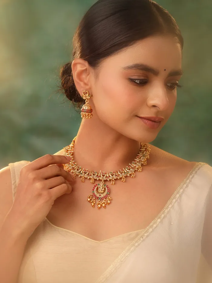 Yellow Chimes Necklaces Gold Plated Jewellery Set Ethnic Choker Necklace Earrings Traditional Design One Size Gold