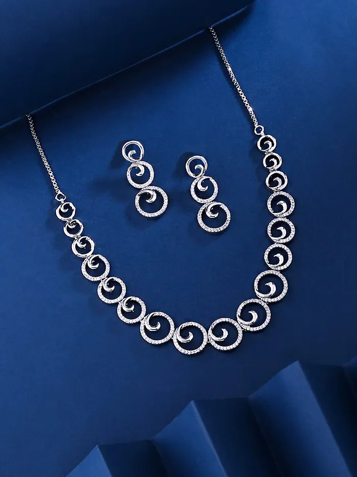 Yellow Chimes Necklaces Yellow Chimes American Diamond Necklace Set For Women White Stone Silver Jewellery Set For Women Circle Shaped Diamond Necklace Set Birthday Gift for Girls Anniversary Gift for Wife
