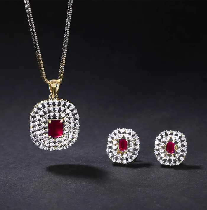 Yellow Chimes Necklaces Yellow Chimes American Diamond Pendant Set for Women Gold Plated High Grade Authentic Pink AD Jewellery Pendant Set for Women and Girls