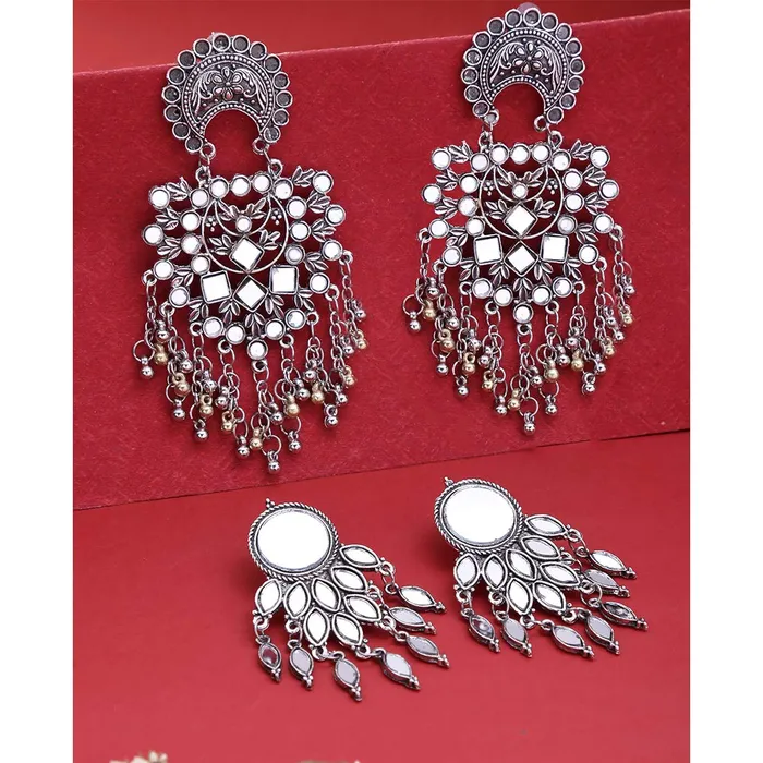 Yellow Chimes Necklaces Yellow Chimes Combo of 2 pairs Ethnic German Silver Oxidised Mirror Design Silver Beads Dangler Chandbali Earrings for Women And Girls medium YCTJER50OXDMIRCSL