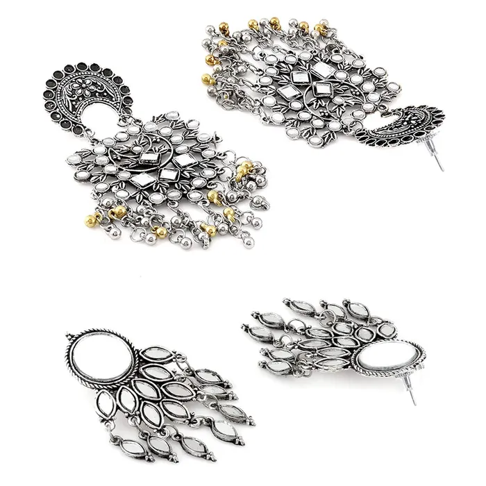Yellow Chimes Necklaces Yellow Chimes Combo of 2 pairs Ethnic German Silver Oxidised Mirror Design Silver Beads Dangler Chandbali Earrings for Women And Girls medium YCTJER50OXDMIRCSL
