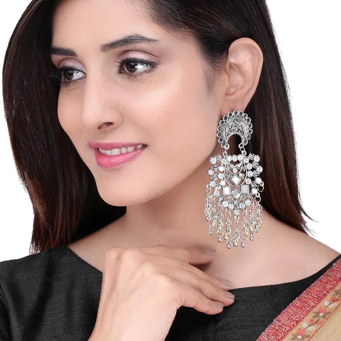 Yellow Chimes Necklaces Yellow Chimes Combo of 2 pairs Ethnic German Silver Oxidised Mirror Design Silver Beads Dangler Chandbali Earrings for Women And Girls medium YCTJER50OXDMIRCSL