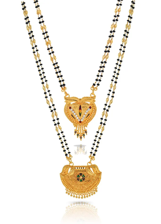 Yellow Chimes Necklaces Yellow Chimes Combo of 2 Pcs Ethnic Traditional One Gram Gold Glorious Hand Meena Maharashtrian Style Long Chain Black Beads Mangal sutra TaliTanmaniyaNallapusaluMangalsutra for Women Yellow Chimes Necklaces Yellow Chimes Combo of 2 Pcs Ethnic Traditional One Gram Gold Glorious Hand Meena Maharashtrian Style Long Chain Black Beads Mangal sutra TaliTanmaniyaNallapusaluMangalsutra for Women