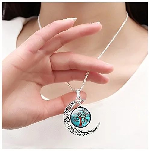 Yellow Chimes Necklaces Yellow Chimes Crescent Moon Life Tree Glass Cabochon Pendant with Chain Necklace for Women and Girls Blue