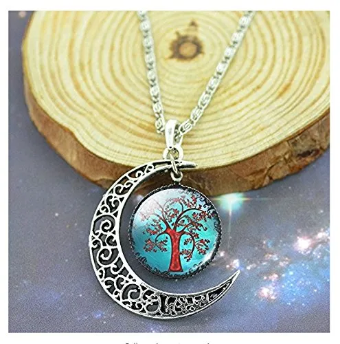 Yellow Chimes Necklaces Yellow Chimes Crescent Moon Life Tree Glass Cabochon Pendant with Chain Necklace for Women and Girls Blue