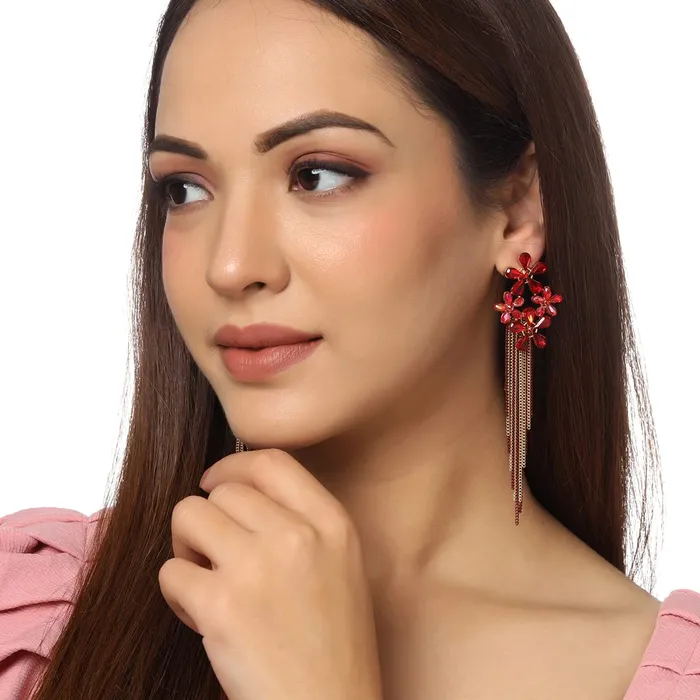 Yellow Chimes Necklaces Yellow Chimes Crystal Danglers Earrings for Women Floral Shaped Crystal Red Long Chain Dangler Earrings for Women and Girls