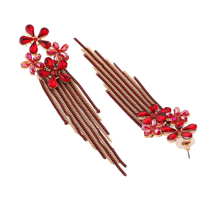 Yellow Chimes Necklaces Yellow Chimes Crystal Danglers Earrings for Women Floral Shaped Crystal Red Long Chain Dangler Earrings for Women and Girls