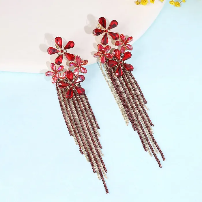 Yellow Chimes Necklaces Yellow Chimes Crystal Danglers Earrings for Women Floral Shaped Crystal Red Long Chain Dangler Earrings for Women and Girls