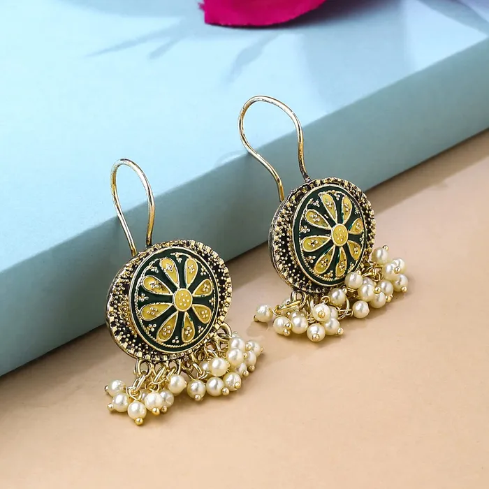 Yellow Chimes Necklaces Yellow Chimes Earrings for Women and Girls Meenakari Chandbali Gold Plated Green Meenakari Chandbali Earrings Birthday Gift for girls and women Anniversary Gift for Wife